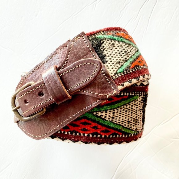 Anthropologie Double Buckle Western Cinch Belt Sz M Brown Leather, Woven Fabric main image 10